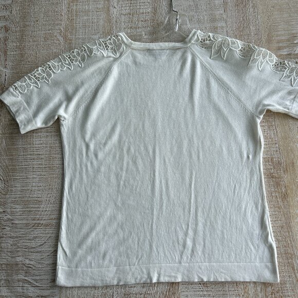 Ann Taylor Ivory/Creme/Beige Lace Short Sleeve Knit Top Cotton/Silk Blend LP - Picture 9 of 10